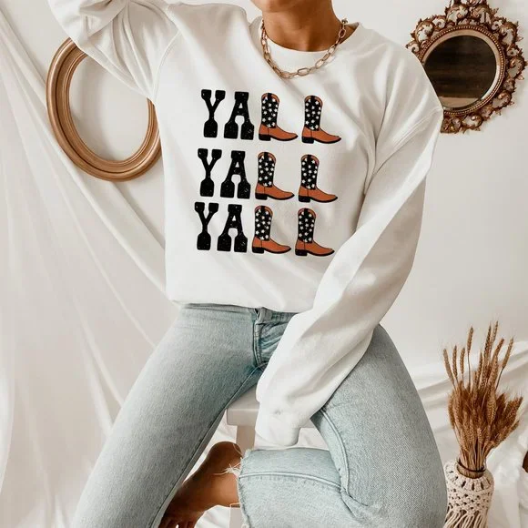 Yall Yall Yall Black and Orange Cowboy Cowgirl Western Boots Sweatshirt - Picture 2 of 5